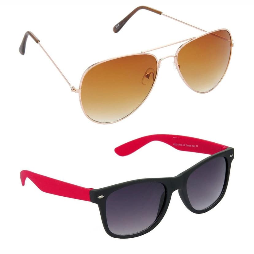 HRINKAR Men Women Boys & Girls Pilot Sunglasses Golden & Red Frame, Brown & Grey Lens (Medium) Pack of - 2