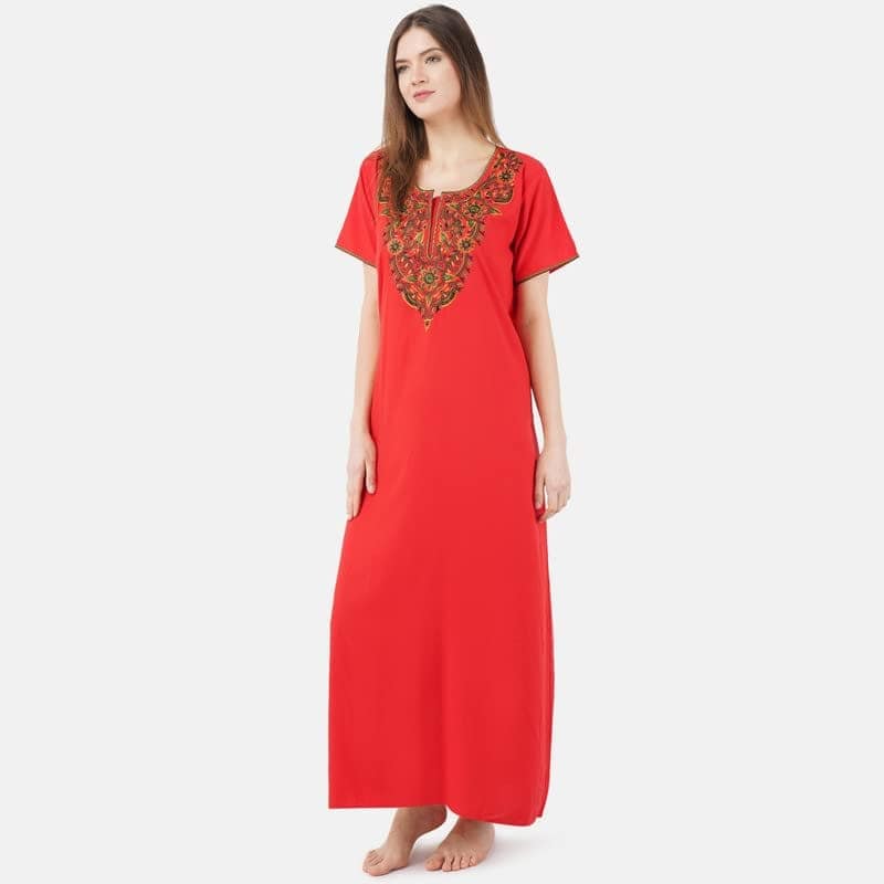 VALENCIA SLEEPWEAR lissybissy Cotton Resham Embroidery Nighty Night Gown Maxi for Women A line (KNW-63, Red, X-Large) view 2