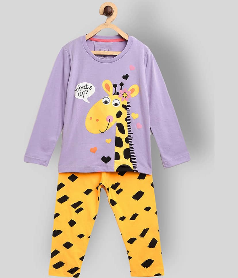 Lazy Shark Pack of 1 Girls Cotton Blend Nightsuit Set ( Lavender )