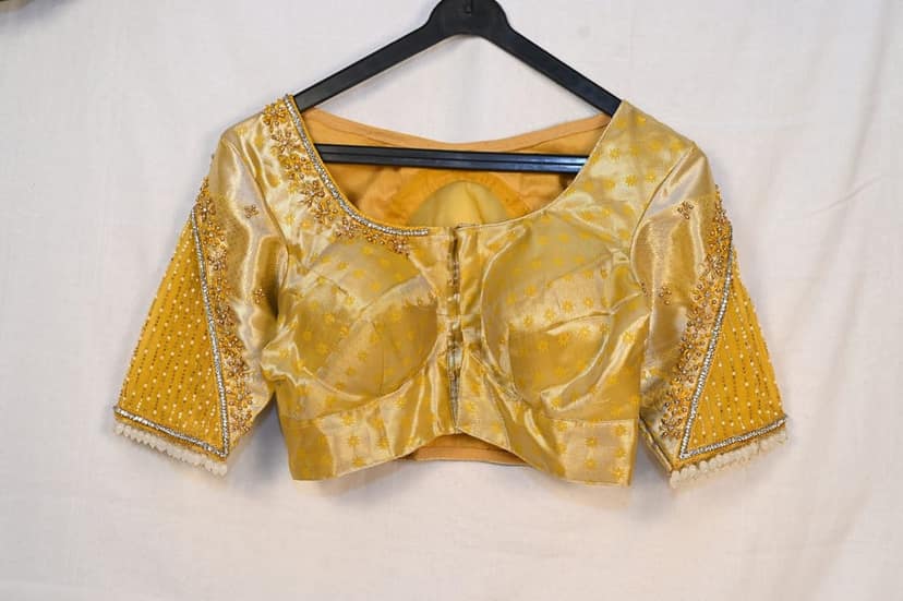 Golden Brocade Blouse with Pearl and Bead Embroidered Sleeves