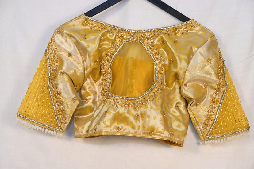 Golden Brocade Blouse with Pearl and Bead Embroidered Sleeves view 2
