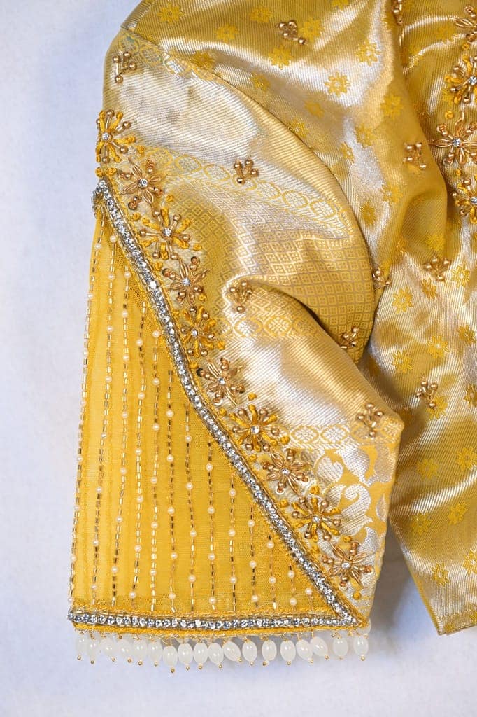 Golden Brocade Blouse with Pearl and Bead Embroidered Sleeves view 3