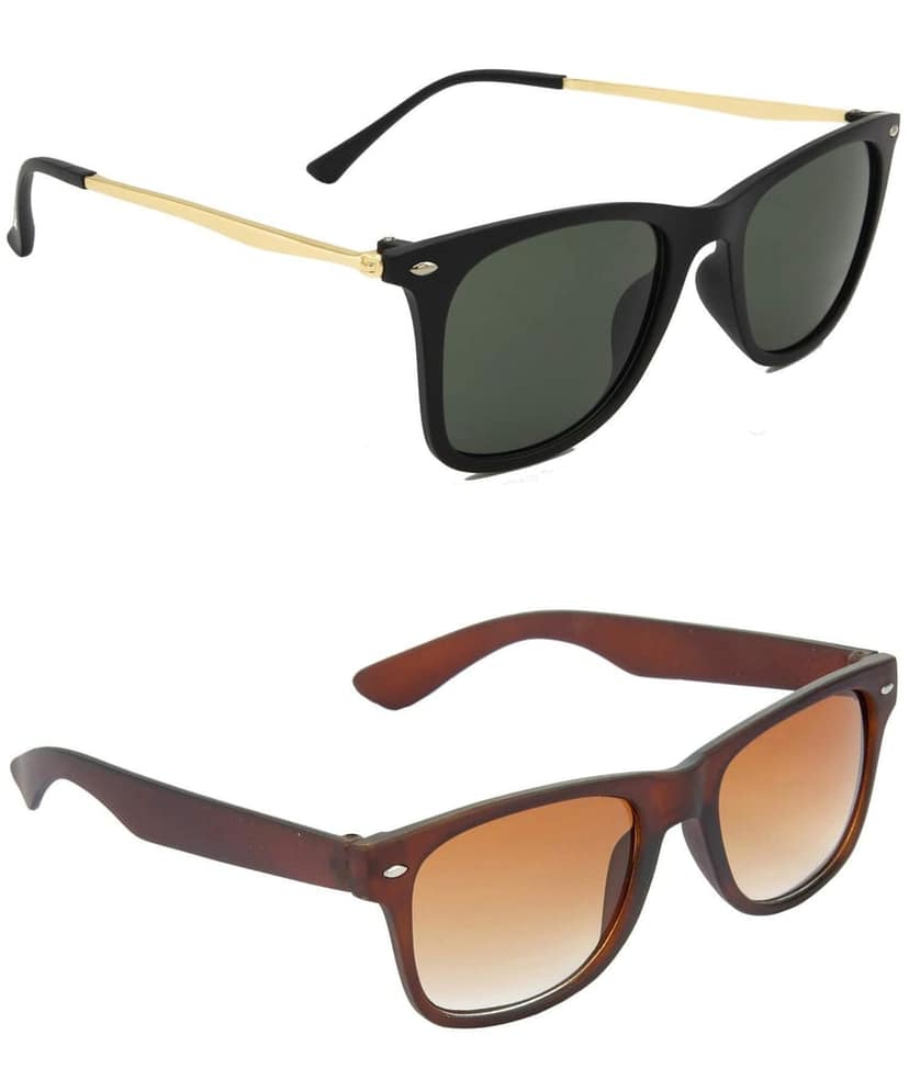 HRINKAR Unisex Rectangular Sunglasses Golden & Brown Frame, Green & Brown Lens (Medium) - Pack of 2