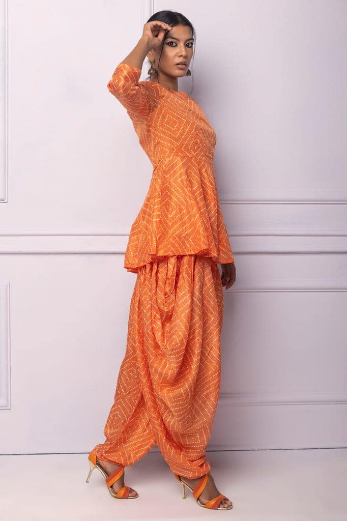 Orange Printed Dhoti Kurta Set view 2