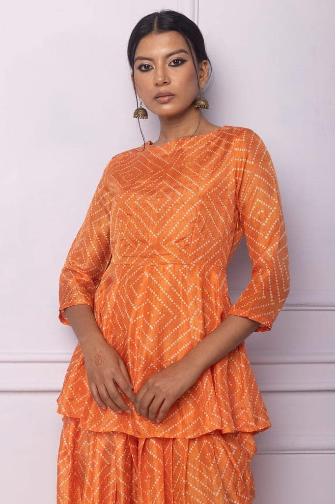 Orange Printed Dhoti Kurta Set view 3