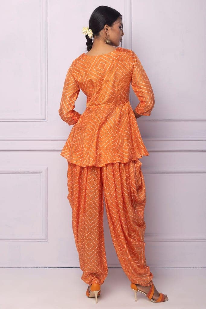Orange Printed Dhoti Kurta Set view 4