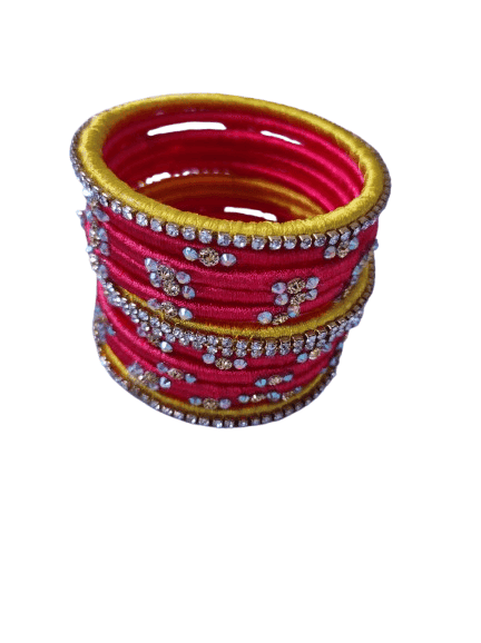 Red and Yellow Silk Thread Bangles with Stone Work - view 2
