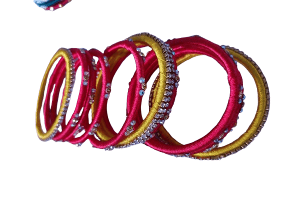 Red and Yellow Silk Thread Bangles with Stone Work - view 3