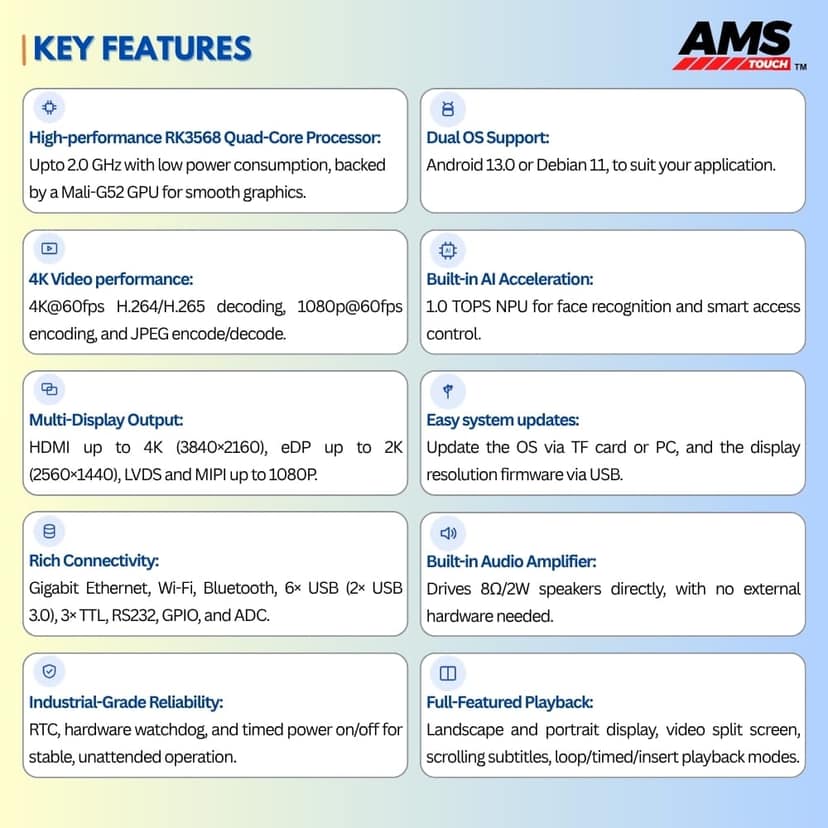 AMS TOUCH ANDROID 13/ DEBIAN 11 WITH Rockchip RK3568 MOTHERBOARD upto 2.0Hz, RAM 4GB, STORAGE 32GB, SUPPORTS RTC, HARDWARE WATCH DOG, TIMING ON/ OFF, BLUETOOTH, WIFI view 5