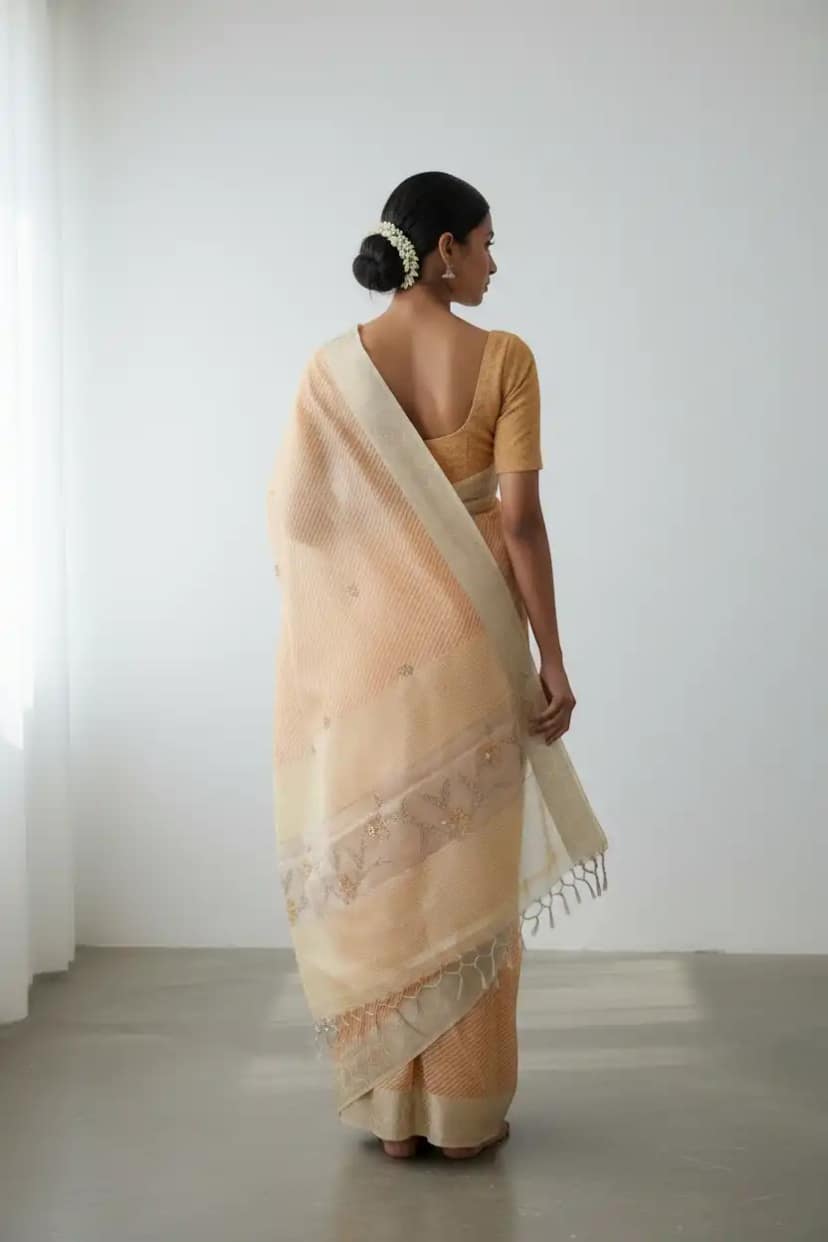 Peach Kota Doria Saree with Zari Border and Floral Pallu view 2