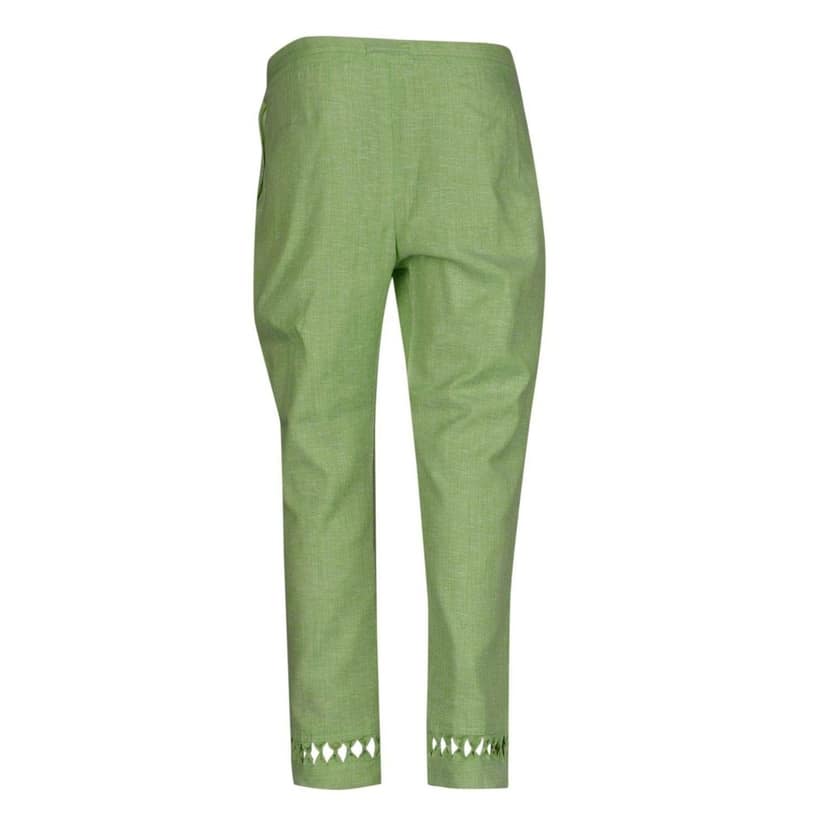 Light Green Cotton Blend Laser Cut Hem Women's Pants