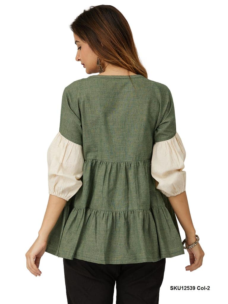 Stylish Red Tiered Peplum Top with Contrast Cuff Sleeves view 10