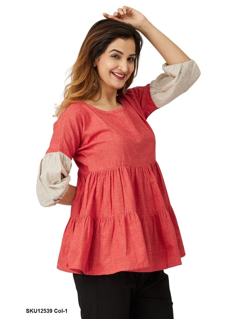 Stylish Red Tiered Peplum Top with Contrast Cuff Sleeves view 3