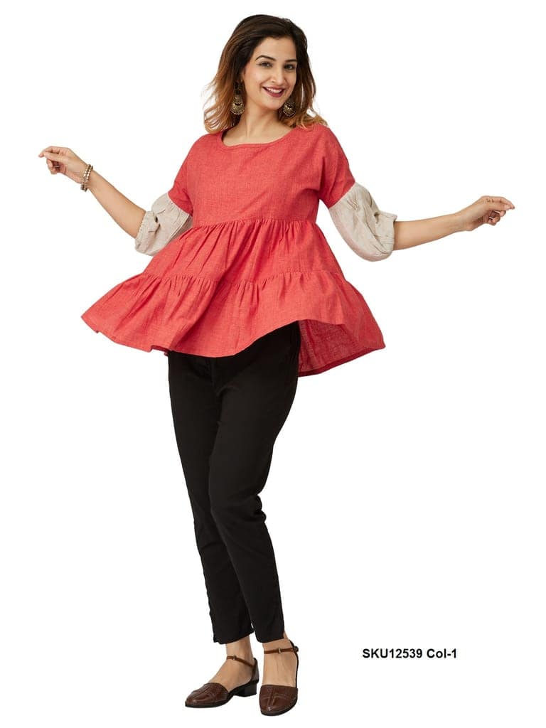 Stylish Red Tiered Peplum Top with Contrast Cuff Sleeves view 4