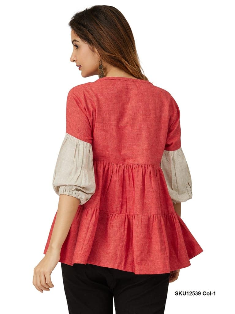 Stylish Red Tiered Peplum Top with Contrast Cuff Sleeves view 6