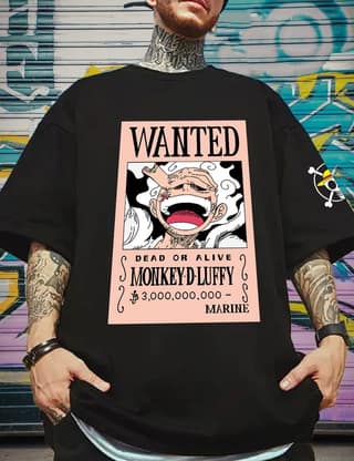 SCOTT FINCHER Men's One Piece Wanted T-Shirt Luffy Anime T-Shirt Wanted T-Shirt Monkey D. Luffy T-Shirt : AA(ARN)BLACK_189