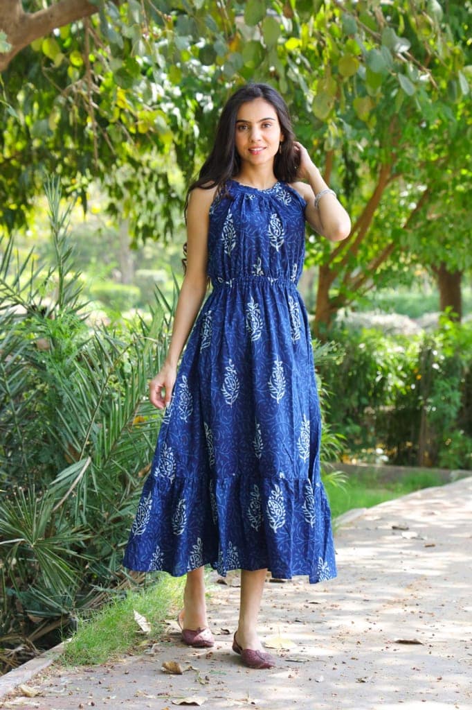 Pure Cotton Halter Neck Midi Blue Dress Hand Block Printed (Size: 38-46)-5456 view 2