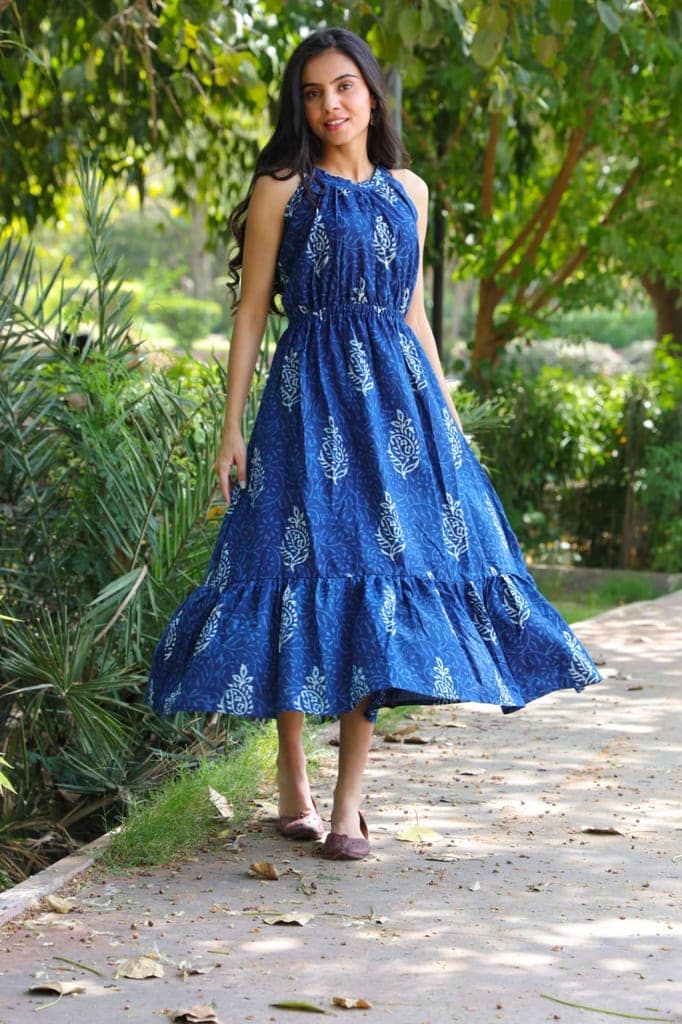 Pure Cotton Halter Neck Midi Blue Dress Hand Block Printed (Size: 38-46)-5456 view 3