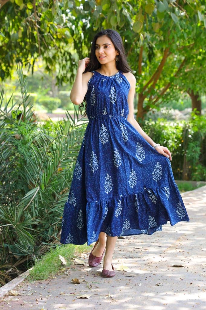 Pure Cotton Halter Neck Midi Blue Dress Hand Block Printed (Size: 38-46)-5456 view 4