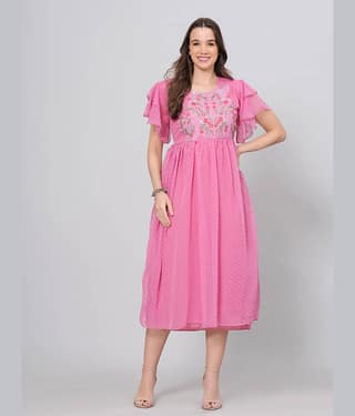 HIGHLIGHT FASHION EXPORT Women Crepe Printed Fit & Flare Dress ( Pink )