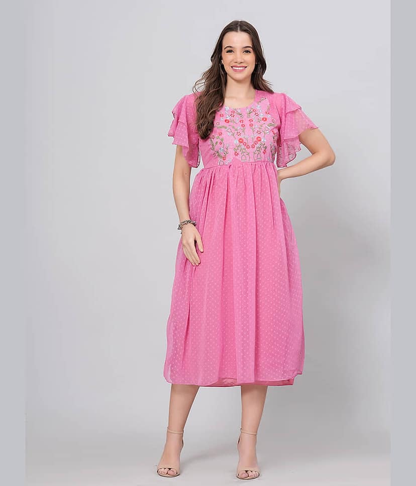 HIGHLIGHT FASHION EXPORT Women Crepe Printed Fit & Flare Dress ( Pink )