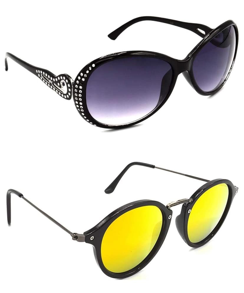 Hrinkar Unisex Round Sunglasses Silver & Grey Frame, Grey & Golden Lens (Medium) - Pack of 2