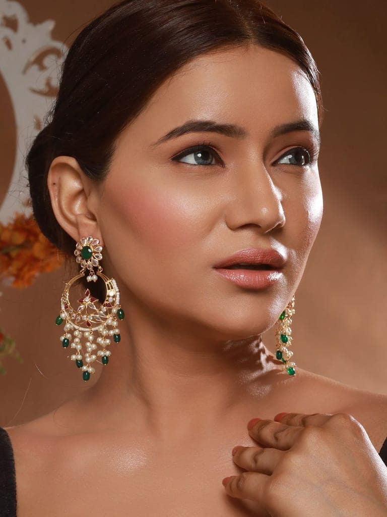 24K Gold Plated Red & Green Kundan & Pearl Beaded Bridal Chandbali Designer Earring view 2