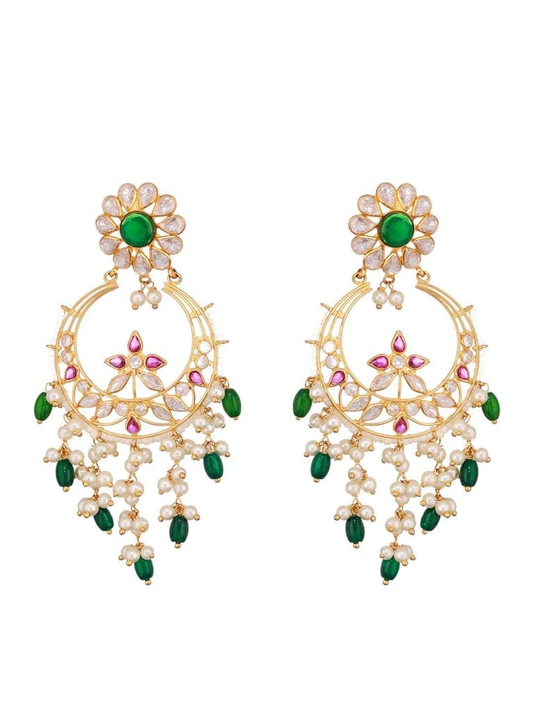 24K Gold Plated Red & Green Kundan & Pearl Beaded Bridal Chandbali Designer Earring view 4