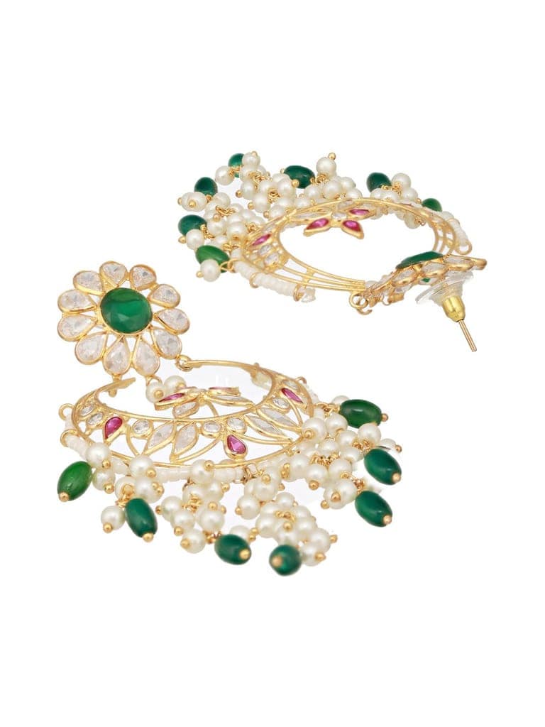 24K Gold Plated Red & Green Kundan & Pearl Beaded Bridal Chandbali Designer Earring view 5