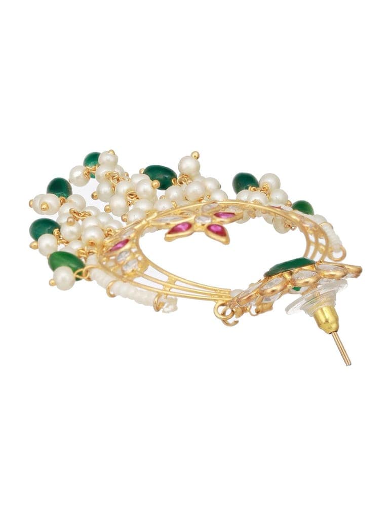 24K Gold Plated Red & Green Kundan & Pearl Beaded Bridal Chandbali Designer Earring view 6