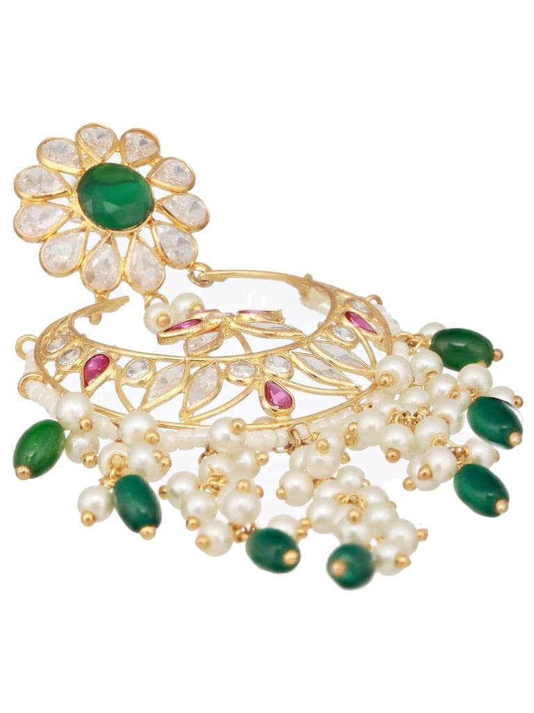 24K Gold Plated Red & Green Kundan & Pearl Beaded Bridal Chandbali Designer Earring view 7