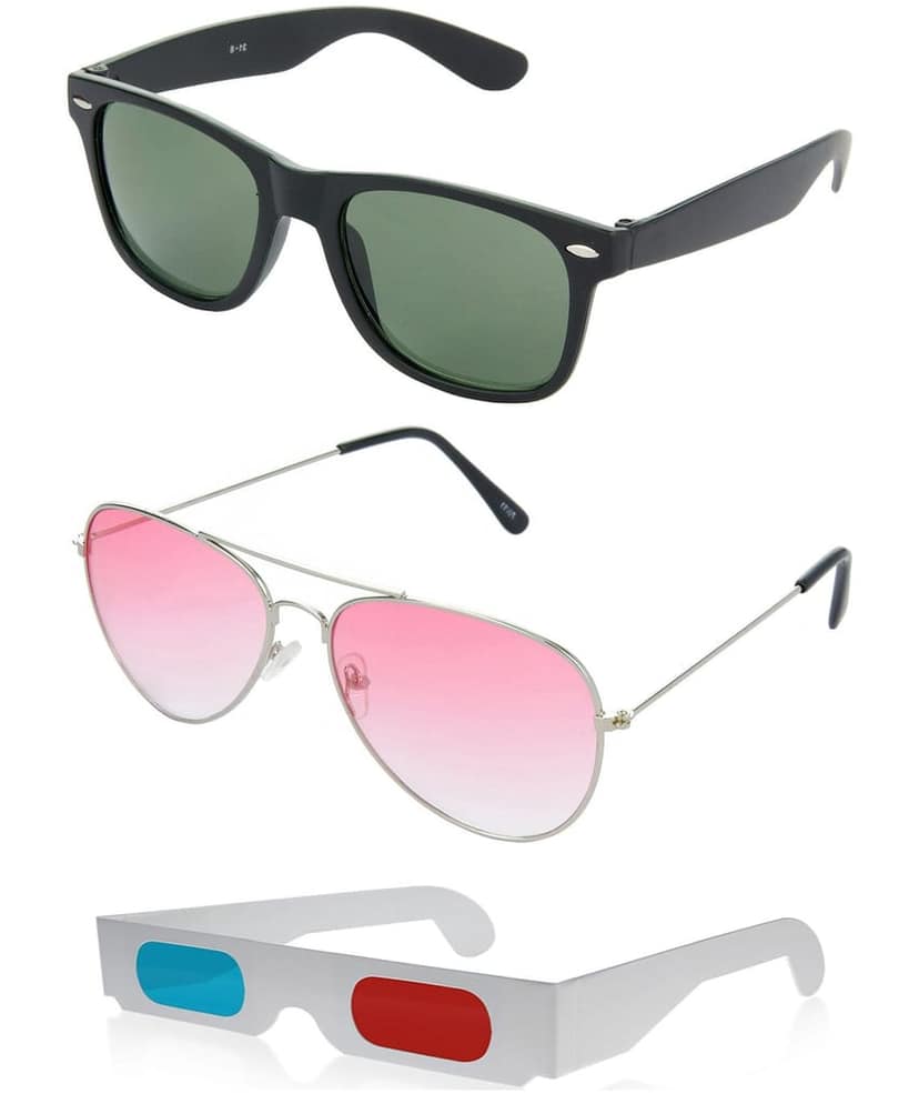 HRINKAR Rectangular And Pilot Stylish Sunglasses For Men And Women (Green And Red Lens | Black And Silver Frame - HCMB295) With Free Paper 3D Glass
