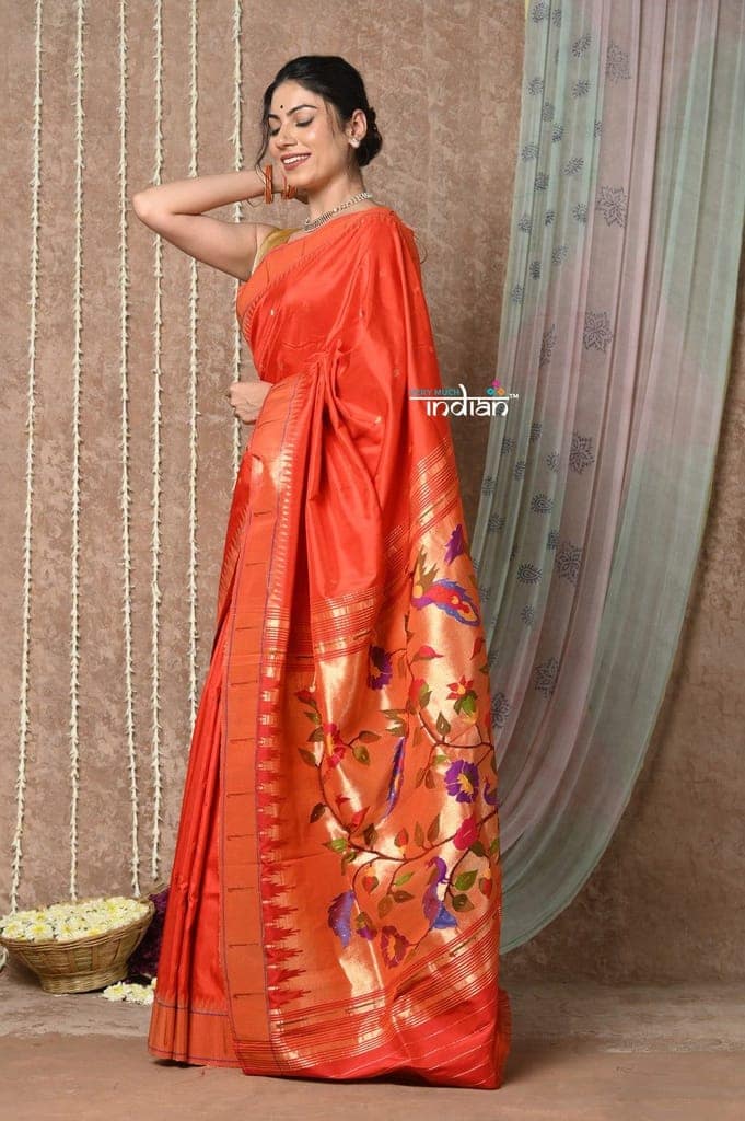 Tyohaar ~ Handloom Pure Silk Muniya Border Brocade Paithani Saree with Handcrafted Peacock Floral Pallu ~ Bright Red (By Government Certified Weavers) view 2