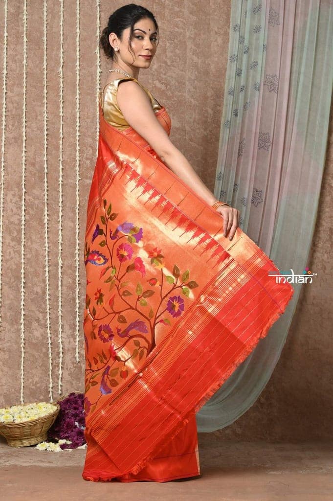 Tyohaar ~ Handloom Pure Silk Muniya Border Brocade Paithani Saree with Handcrafted Peacock Floral Pallu ~ Bright Red (By Government Certified Weavers) view 4