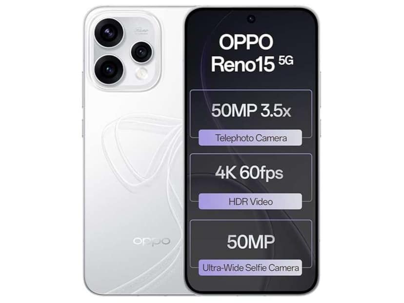 Oppo Reno 15 5G Smartphone, 12GB RAM, 256GB Storage, Elegant Design - Glacier White