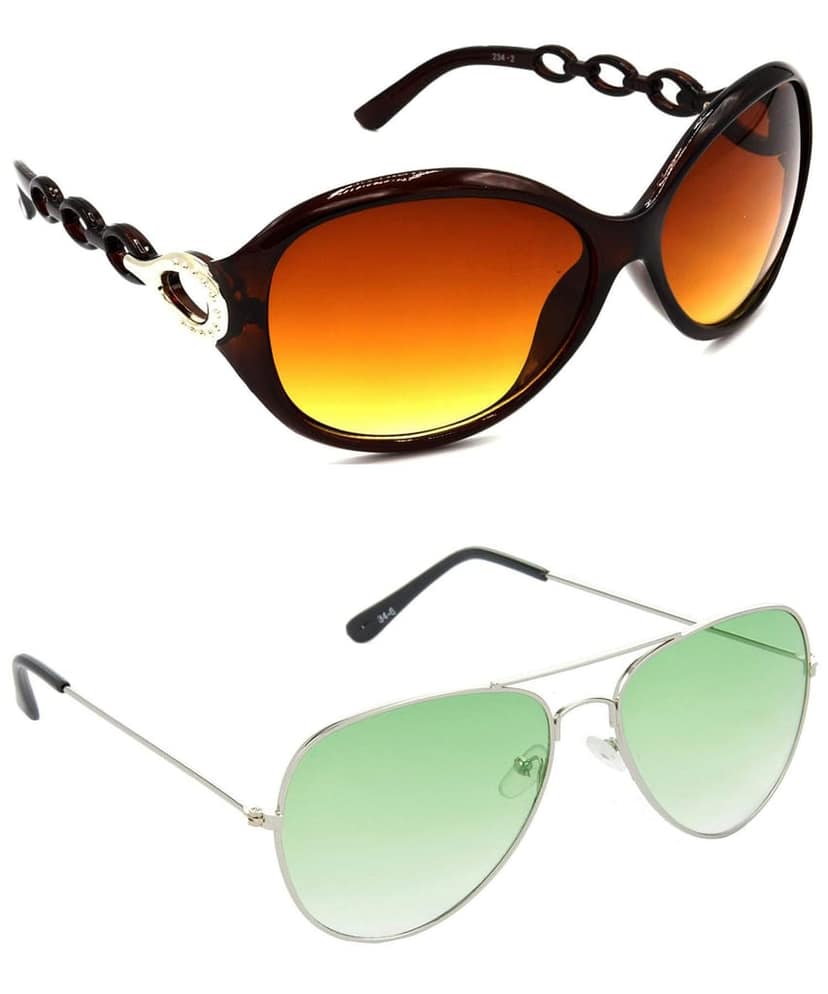 HRINKAR Unisex Round Sunglasses Brown & Silver Frame, Brown & Green Lens (Medium) - Pack of 2