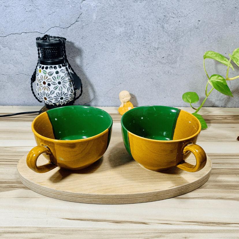 Homefrills Ceramic Glossy Finish Large Coffee Mugs/Soup Mugs/Cereal Bowls Set of Two Glossy Finish Suitable for Coffee, Tea, Juice, Cappuccino, Soup,Milk etc. (275ml) Set of 2 (Colour-Green & Yellow) view 2