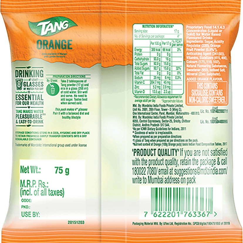 Tang Instant Drink Mix - Orange, 75 G Pouch view 2