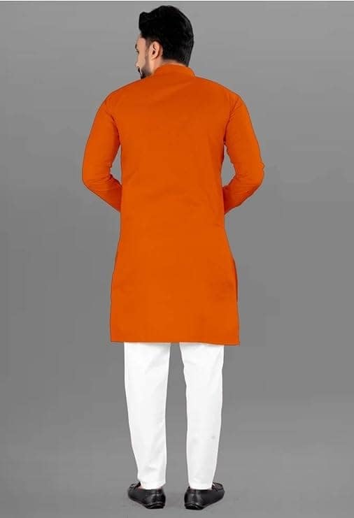 Men's Orange Cotton Blend Long Kurta view 3