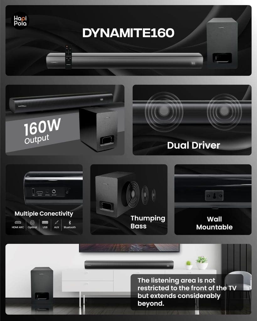HAPIPOLA Dynamite 160 | Soundbar Home Theater | 2.1CH Soundbar with Subwoofer | Home Audio Speakers | Home Audio view 7