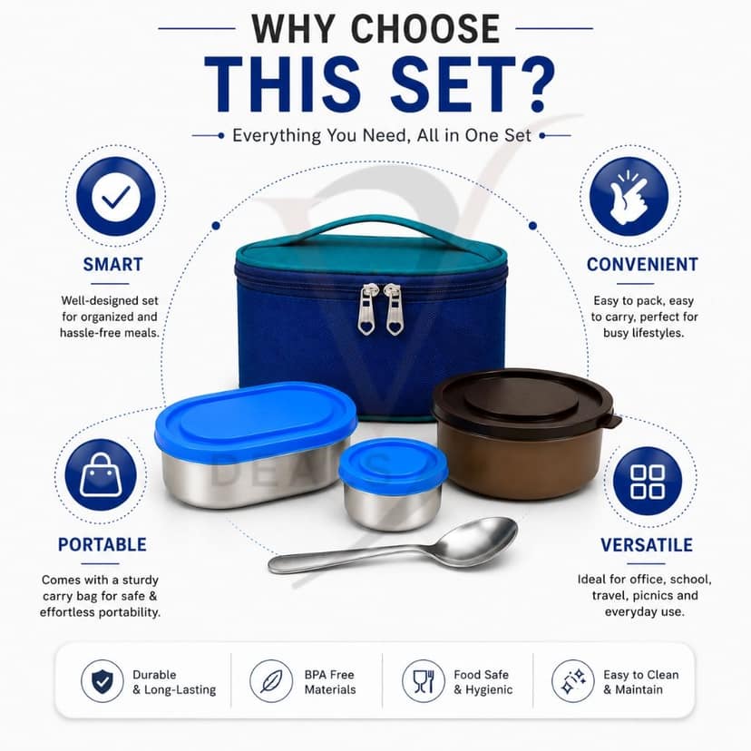 V3Deals Steel Lunch Box with Steel & Plastic Bowls | Tiffin Box with Carry Bag, Premium Stainless Steel, Small Steel Bowl, Large Plastic Bowl, Carry Bag, 2 Bowl Combo, Smart Nesting, Compact & Portable ( Elite Meal Set 5) view 5