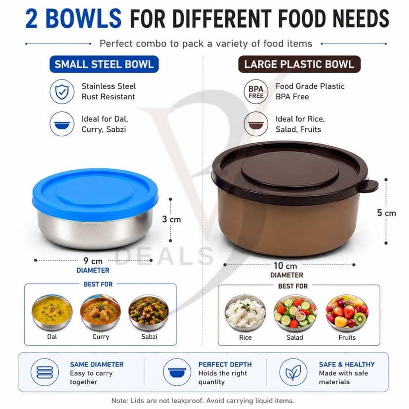 V3Deals Steel Lunch Box with Steel & Plastic Bowls | Tiffin Box with Carry Bag, Premium Stainless Steel, Small Steel Bowl, Large Plastic Bowl, Carry Bag, 2 Bowl Combo, Smart Nesting, Compact & Portable ( Elite Meal Set 5) view 6