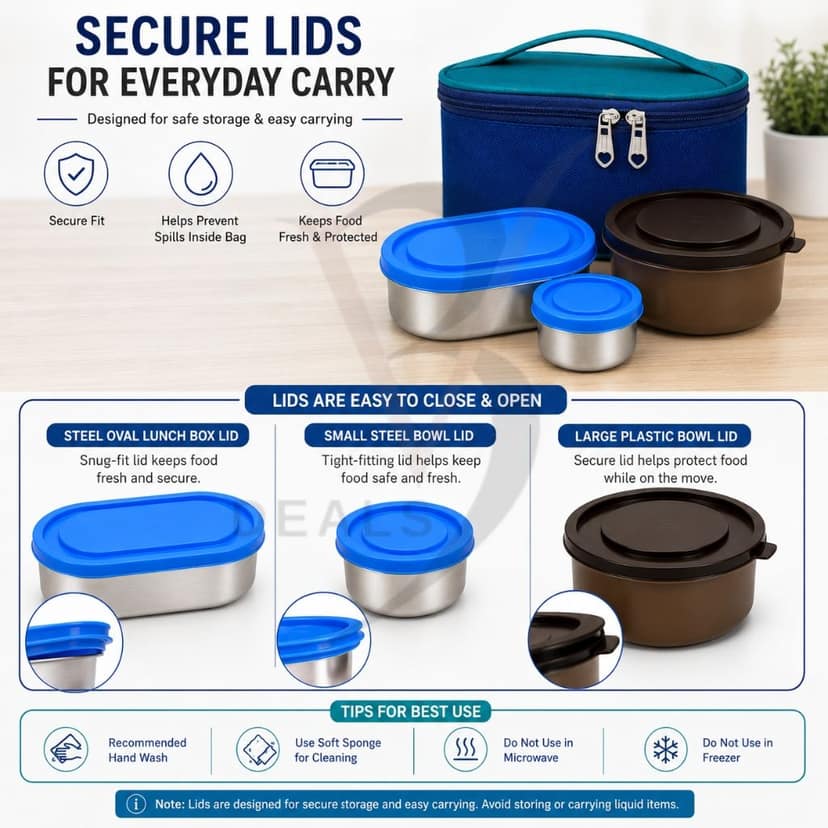 V3Deals Steel Lunch Box with Steel & Plastic Bowls | Tiffin Box with Carry Bag, Premium Stainless Steel, Small Steel Bowl, Large Plastic Bowl, Carry Bag, 2 Bowl Combo, Smart Nesting, Compact & Portable ( Elite Meal Set 5) view 7
