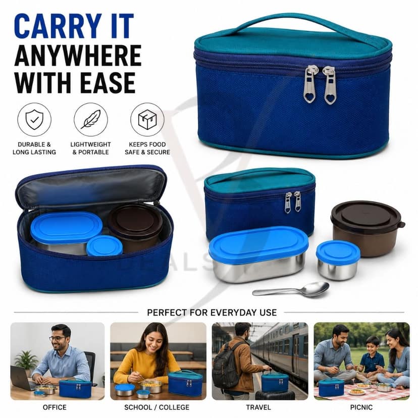 V3Deals Steel Lunch Box with Steel & Plastic Bowls | Tiffin Box with Carry Bag, Premium Stainless Steel, Small Steel Bowl, Large Plastic Bowl, Carry Bag, 2 Bowl Combo, Smart Nesting, Compact & Portable ( Elite Meal Set 5) view 8