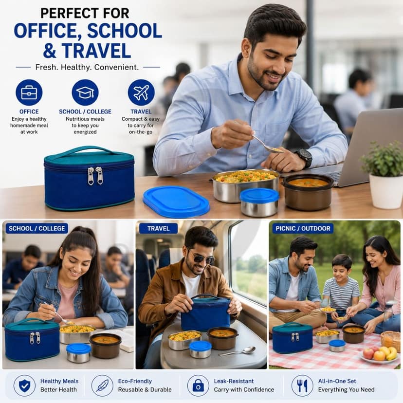 V3Deals Steel Lunch Box with Steel & Plastic Bowls | Tiffin Box with Carry Bag, Premium Stainless Steel, Small Steel Bowl, Large Plastic Bowl, Carry Bag, 2 Bowl Combo, Smart Nesting, Compact & Portable ( Elite Meal Set 5) view 9