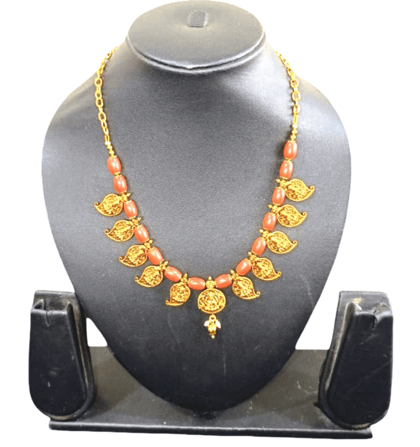 Traditional South Indian Coral & Gold Plated Mango Motif Necklace view 3