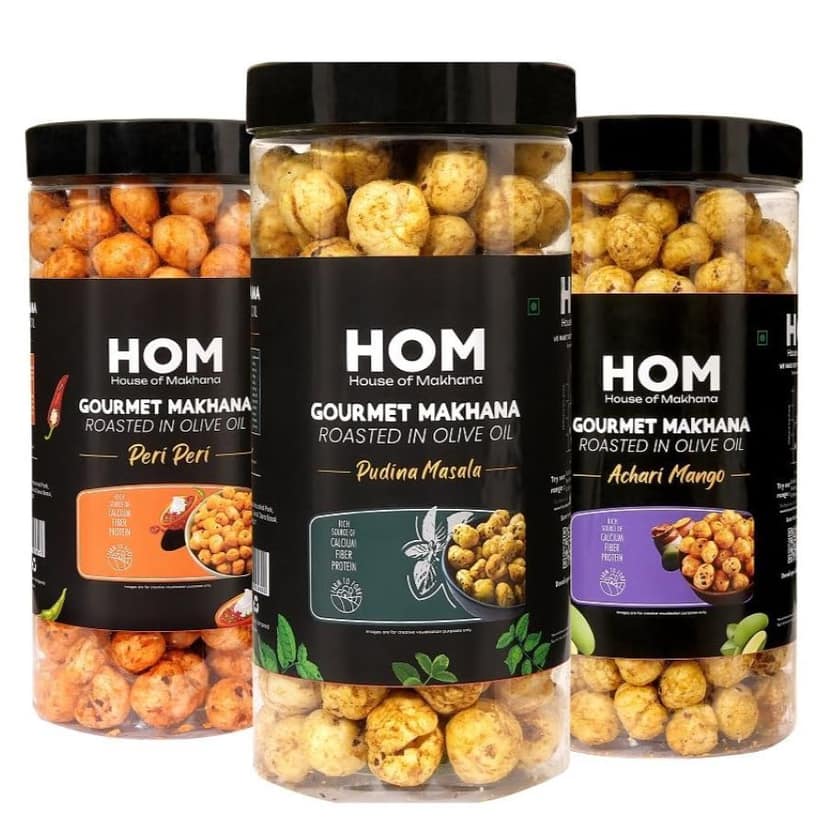 GOURMET MAKHANA Roasted in Olive Oil | Flavors Pudina Masala, Peri Peri and Achari Mango | Combo Of 3, 65g Each. - 195 gm