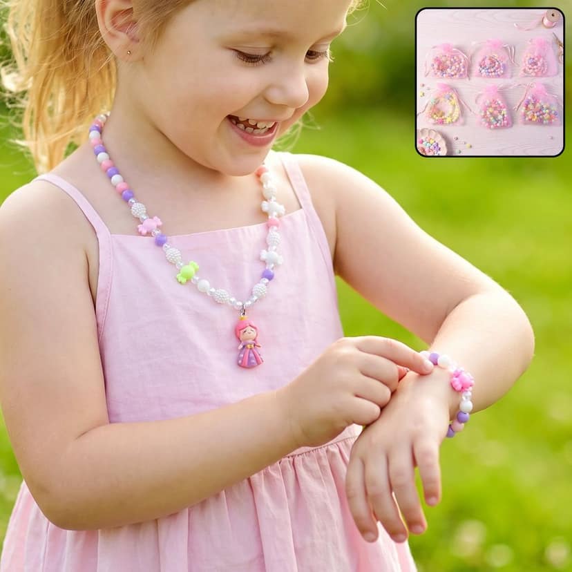 Kids Bead Necklace and Bracelet Jewellery Set with Gift Box for Dress-Up