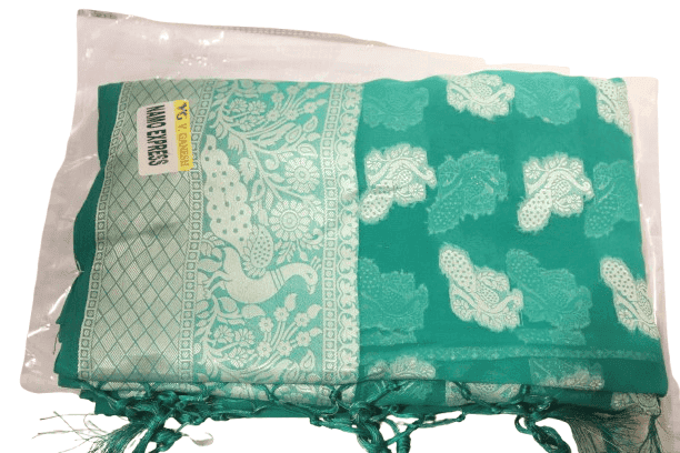Seafoam green chiffon saree with silver zari peacock motifs view 2
