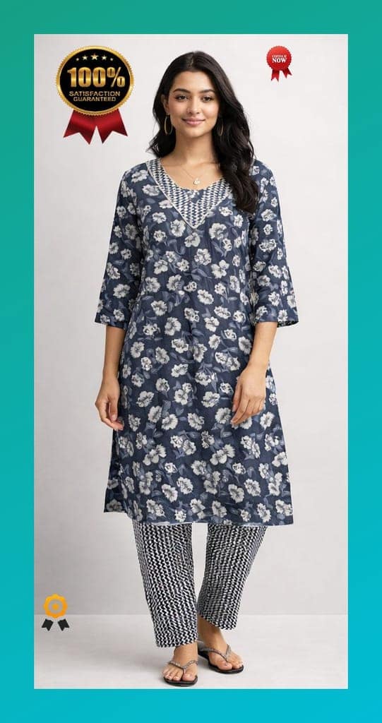 Women Grey Floral Printed Kurti Pant Set | Cotton Blend Fabric | 3/4 Sleeves Daily Wear Ethnic Set